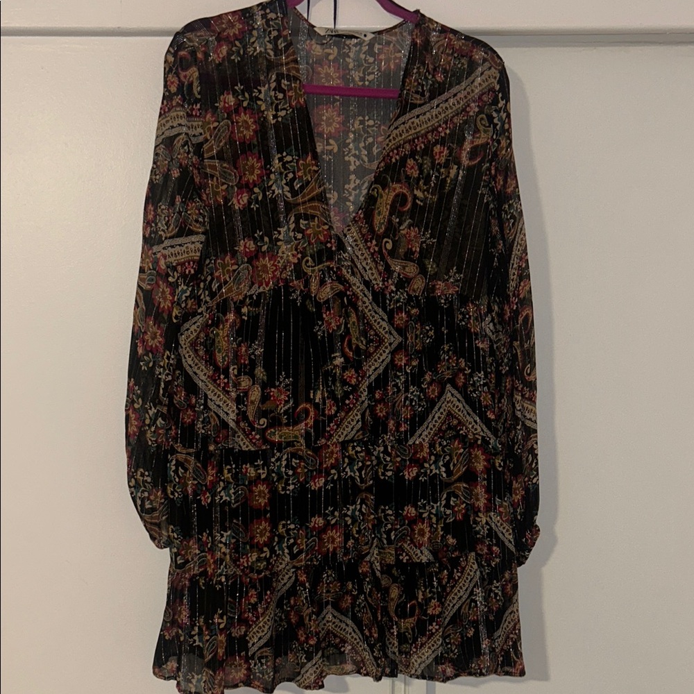 Zara Black Floral Paisley Long Sleeve Mini Dress